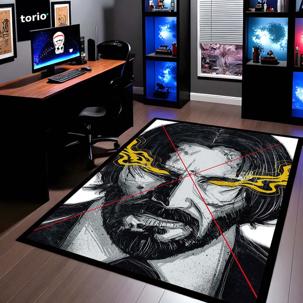 John Wick Sketch Art Flat Rug | Baba Yaga Assassin Area Rug | Minimalist Action Movie Inspired Decor | Premium Anti-Slip Flat Rug