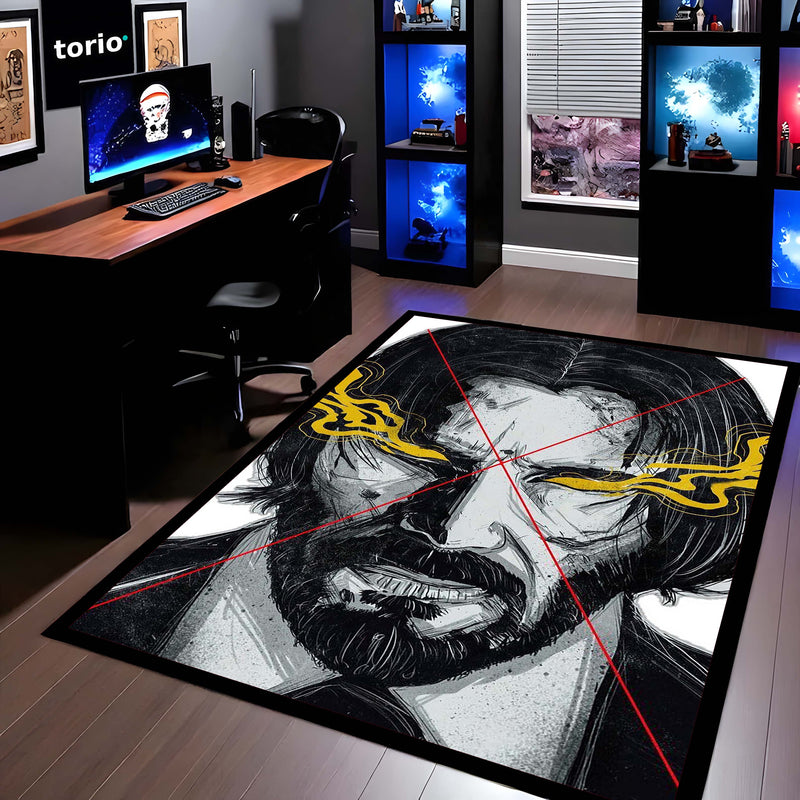 John Wick Sketch Art Flat Rug | Baba Yaga Assassin Area Rug | Minimalist Action Movie Inspired Decor | Premium Anti-Slip Flat Rug