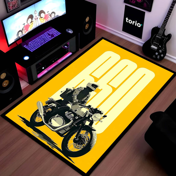 Vintage Cafe Racer Motorcycle Flat Rug | Minimalist Rider Area Rug | Retro Biker Room Decor | Premium Anti-Slip Flat Rug