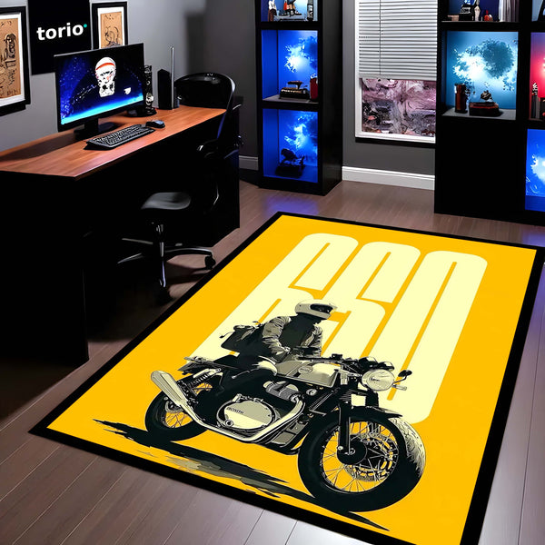 Vintage Cafe Racer Motorcycle Flat Rug | Minimalist Rider Area Rug | Retro Biker Room Decor | Premium Anti-Slip Flat Rug