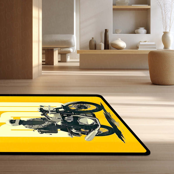 Vintage Cafe Racer Motorcycle Flat Rug | Minimalist Rider Area Rug | Retro Biker Room Decor | Premium Anti-Slip Flat Rug