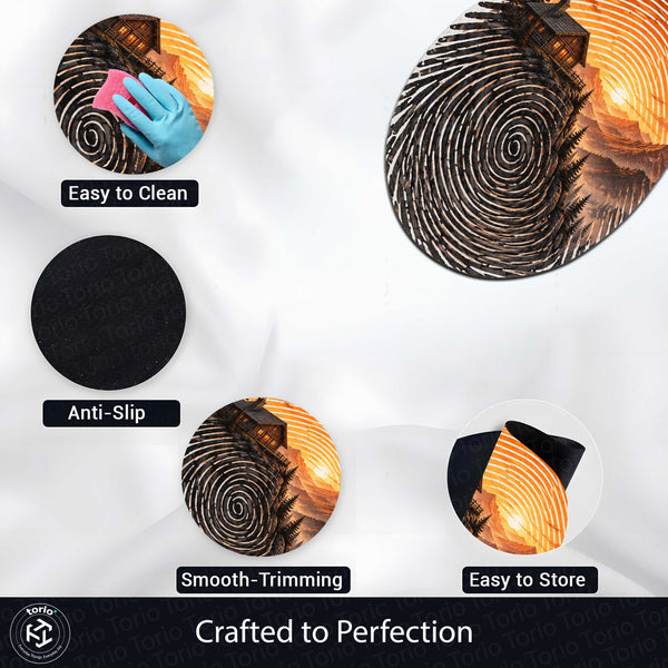 Sunset Mountain Cabin Fingerprint Shape Flat Rug | Scenic Nature Landscape Oval Area Rug | Rustic Wilderness Floor Rug for Living Room, Bedroom & Cabin Decor