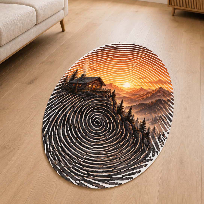 Sunset Mountain Cabin Fingerprint Shape Flat Rug | Scenic Nature Landscape Oval Area Rug | Rustic Wilderness Floor Rug for Living Room, Bedroom & Cabin Decor