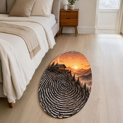 Sunset Mountain Cabin Fingerprint Shape Flat Rug | Scenic Nature Landscape Oval Area Rug | Rustic Wilderness Floor Rug for Living Room, Bedroom & Cabin Decor
