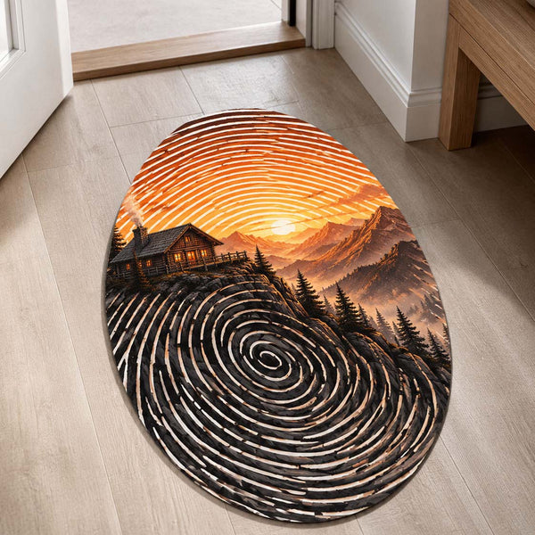 Sunset Mountain Cabin Fingerprint Shape Flat Rug | Scenic Nature Landscape Oval Area Rug | Rustic Wilderness Floor Rug for Living Room, Bedroom & Cabin Decor