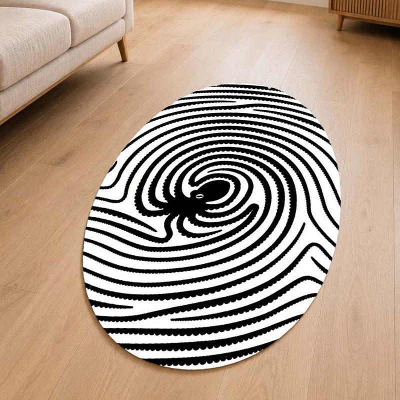 Octopus Fingerprint Shape Flat Rug | Black & White Abstract Ocean Art Oval Area Rug | Minimalist Marine Floor Rug for Living Room, Bedroom & Office
