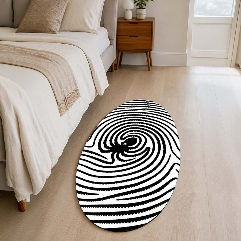 Octopus Fingerprint Shape Flat Rug | Black & White Abstract Ocean Art Oval Area Rug | Minimalist Marine Floor Rug for Living Room, Bedroom & Office