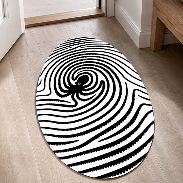 Octopus Fingerprint Shape Flat Rug | Black & White Abstract Ocean Art Oval Area Rug | Minimalist Marine Floor Rug for Living Room, Bedroom & Office