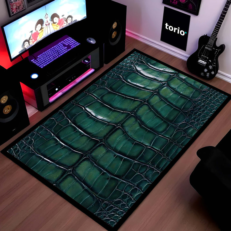 Green Crocodile Texture Area Rug | Luxury Leather Pattern Floor Mat | Modern Aesthetic Carpet for Living Room, Bedroom & Office Decor | Anti Slip Washable 3 mm Thin Rug