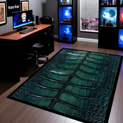 Green Crocodile Texture Area Rug | Luxury Leather Pattern Floor Mat | Modern Aesthetic Carpet for Living Room, Bedroom & Office Decor | Anti Slip Washable 3 mm Thin Rug