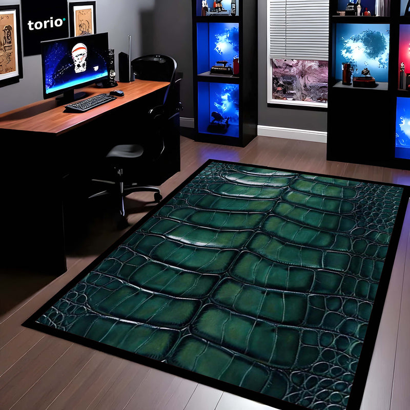 Green Crocodile Texture Area Rug | Luxury Leather Pattern Floor Mat | Modern Aesthetic Carpet for Living Room, Bedroom & Office Decor | Anti Slip Washable 3 mm Thin Rug