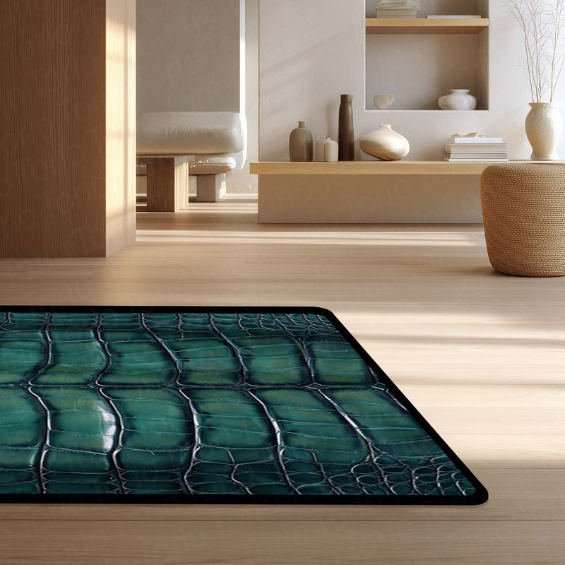 Green Crocodile Texture Area Rug | Luxury Leather Pattern Floor Mat | Modern Aesthetic Carpet for Living Room, Bedroom & Office Decor | Anti Slip Washable 3 mm Thin Rug