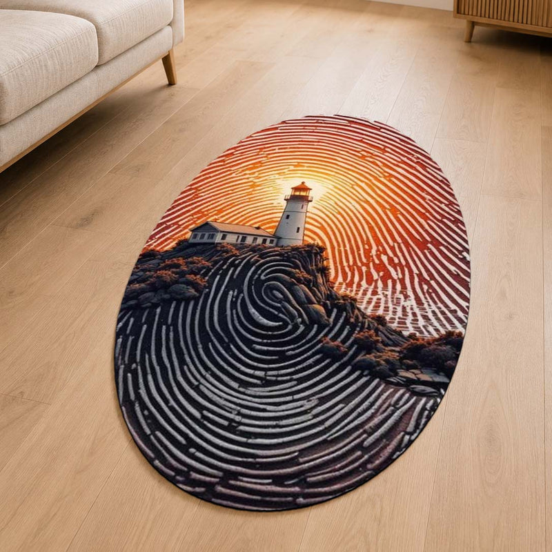 Sunset Lighthouse Fingerprint Shape Flat Rug | Coastal Ocean Landscape Oval Area Rug | Scenic Nautical Floor Rug for Living Room, Bedroom & Beach House Decor