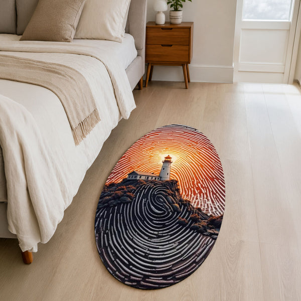 Sunset Lighthouse Fingerprint Shape Flat Rug | Coastal Ocean Landscape Oval Area Rug | Scenic Nautical Floor Rug for Living Room, Bedroom & Beach House Decor