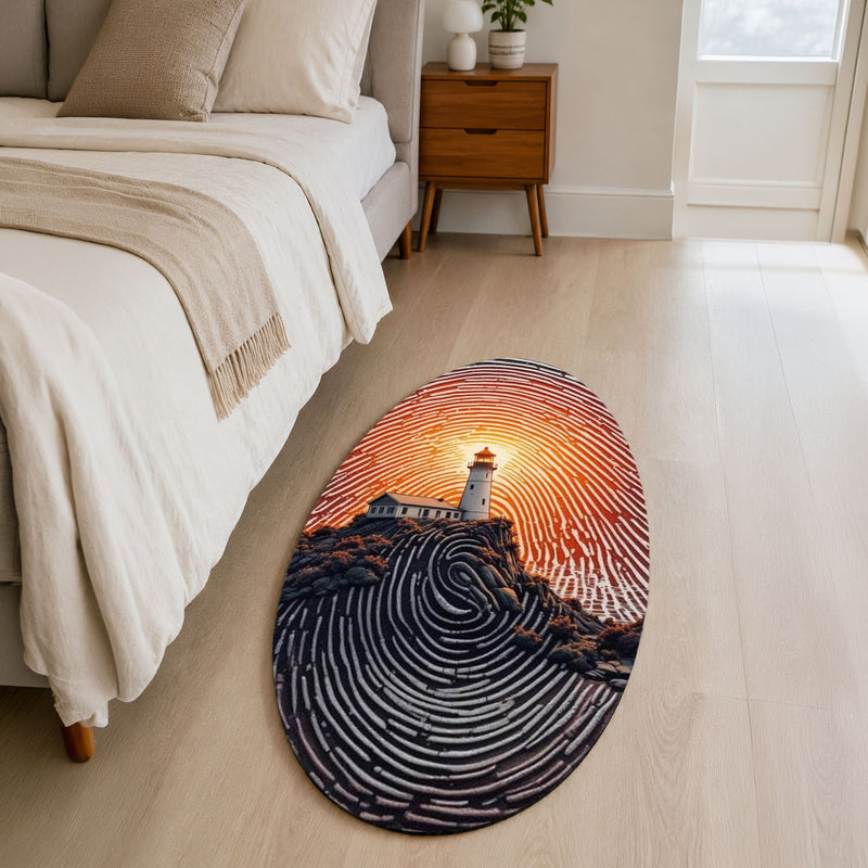 Sunset Lighthouse Fingerprint Shape Flat Rug | Coastal Ocean Landscape Oval Area Rug | Scenic Nautical Floor Rug for Living Room, Bedroom & Beach House Decor