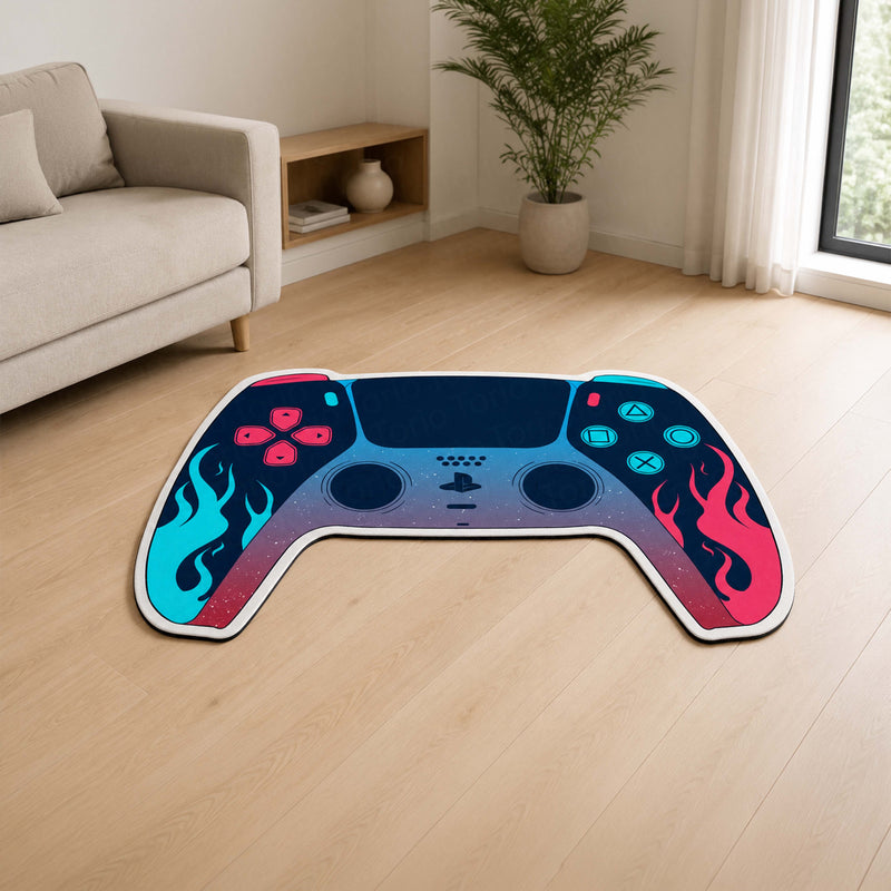 Gaming Controller Cut-Out Flat Rug | Neon Gamepad Floor Mat | Premium Gamer Décor for Gaming Room, Streaming Setup & Bedroom