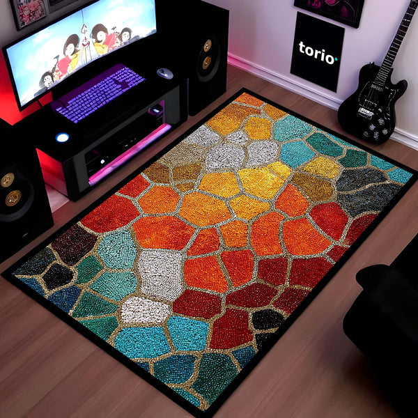 Multi-Color Mosaic Stone Area Rug | Abstract Pebble Pattern Floor Mat | Artistic Decorative Rug for Living Room, Bedroom & Gaming Decor