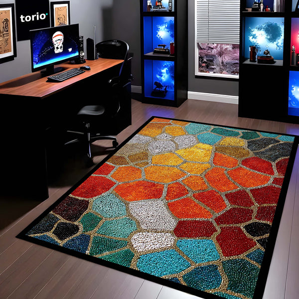 Multi-Color Mosaic Stone Area Rug | Abstract Pebble Pattern Floor Mat | Artistic Decorative Rug for Living Room, Bedroom & Gaming Decor