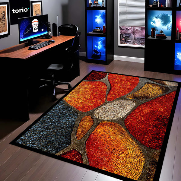 Tone Mosaic Art Area Rug | Abstract Geometric Stone Pattern Floor Mat | Modern Decorative Rug for Living Room, Bedroom & Gaming Setup