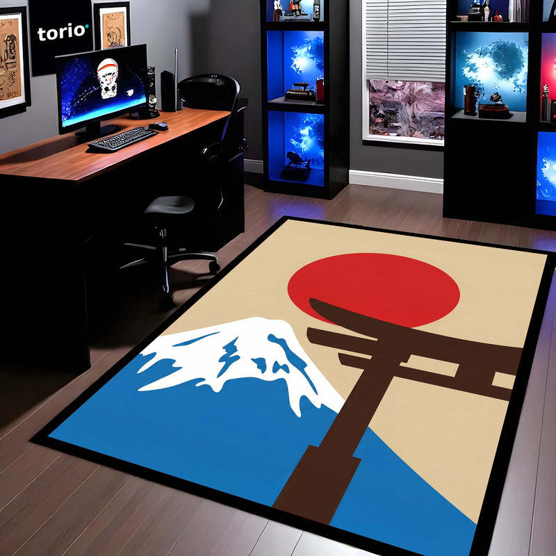 Japanese Minimalist Landscape Floor Mat (3 mm Thick) | Mount Fuji & Torii Gate Aesthetic Area Mat for Modern Bedroom & Living Room Decor