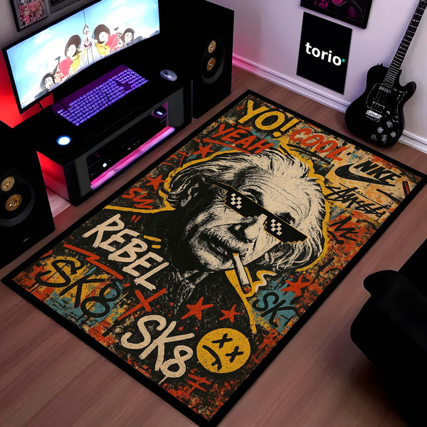Albert Einstein Graffiti Art Area Rug | Rebel Genius Street Art Floor Mat | Urban Pop Culture Science Rug for Gaming Room, Bedroom, Studio & Modern Home Decor