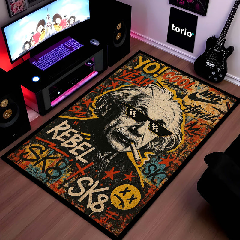 Albert Einstein Graffiti Art Area Rug | Rebel Genius Street Art Floor Mat | Urban Pop Culture Science Rug for Gaming Room, Bedroom, Studio & Modern Home Decor