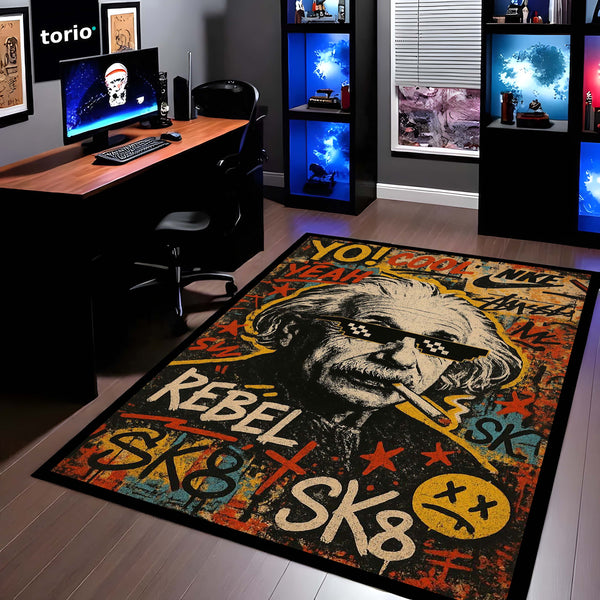 Albert Einstein Graffiti Art Area Rug | Rebel Genius Street Art Floor Mat | Urban Pop Culture Science Rug for Gaming Room, Bedroom, Studio & Modern Home Decor