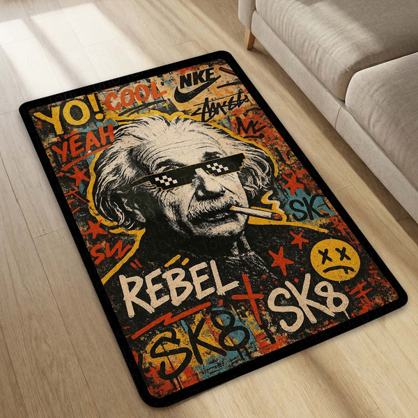 Albert Einstein Graffiti Art Area Rug | Rebel Genius Street Art Floor Mat | Urban Pop Culture Science Rug for Gaming Room, Bedroom, Studio & Modern Home Decor