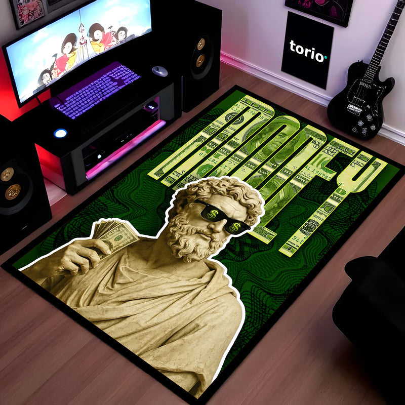 Hustle Money Greek Statue Area Flat Rug | Luxury Wealth Aesthetic Floor Rug | Dollar Gaming Room & Office Decor