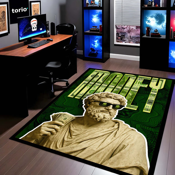 Hustle Money Greek Statue Area Flat Rug | Luxury Wealth Aesthetic Floor Rug | Dollar Gaming Room & Office Decor
