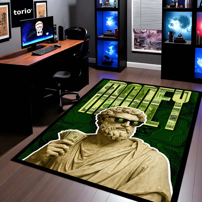 Hustle Money Greek Statue Area Flat Rug | Luxury Wealth Aesthetic Floor Rug | Dollar Gaming Room & Office Decor