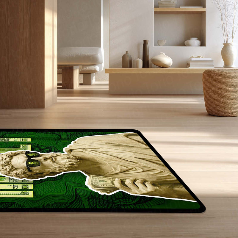 Hustle Money Greek Statue Area Flat Rug | Luxury Wealth Aesthetic Floor Rug | Dollar Gaming Room & Office Decor