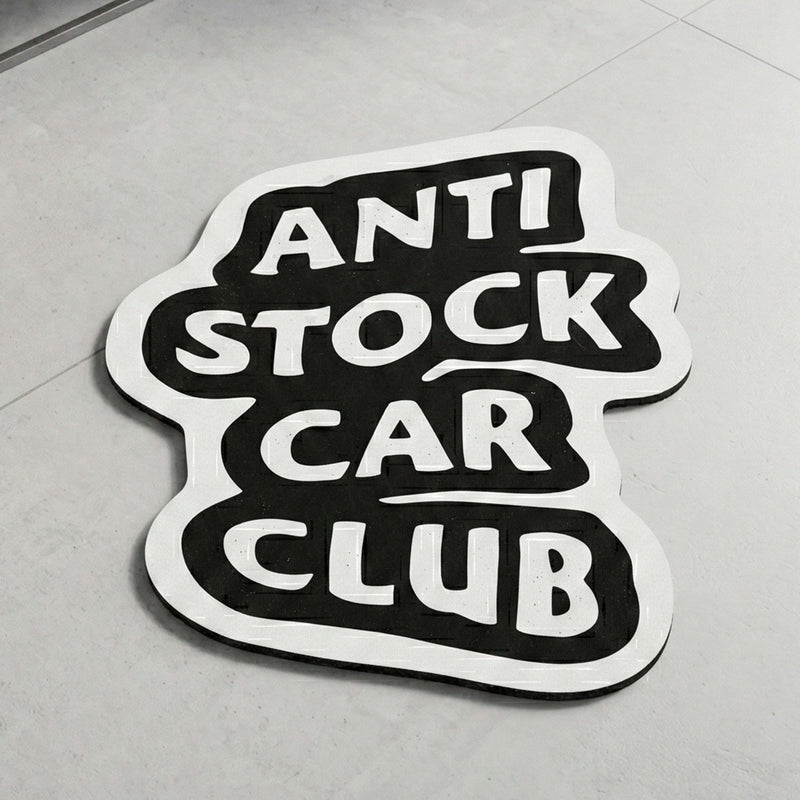 Anti Stock Car Club Statement Floor Mat (3 mm Thick) | Automotive Enthusiast Cut-Out Rug for Garage, Bedroom & Car Lover Room Decor