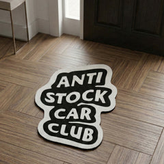 Anti Stock Car Club Statement Floor Mat (3 mm Thick) | Automotive Enthusiast Cut-Out Rug for Garage, Bedroom & Car Lover Room Decor