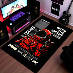 Astronaut & Space Cat Area Flat Rug | Retro Space Explorer Gaming Room Rug | Cosmic Sci-Fi Floor Decor