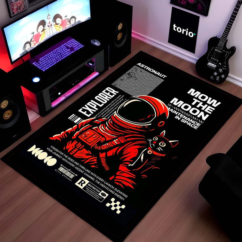 Astronaut & Space Cat Area Flat Rug | Retro Space Explorer Gaming Room Rug | Cosmic Sci-Fi Floor Decor