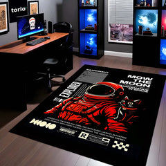 Astronaut & Space Cat Area Flat Rug | Retro Space Explorer Gaming Room Rug | Cosmic Sci-Fi Floor Decor