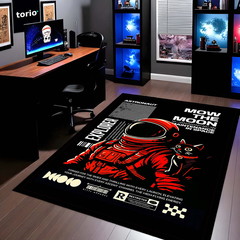Astronaut & Space Cat Area Flat Rug | Retro Space Explorer Gaming Room Rug | Cosmic Sci-Fi Floor Decor