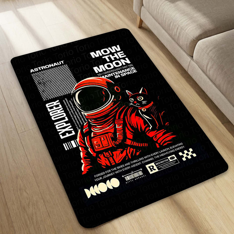 Astronaut & Space Cat Area Flat Rug | Retro Space Explorer Gaming Room Rug | Cosmic Sci-Fi Floor Decor