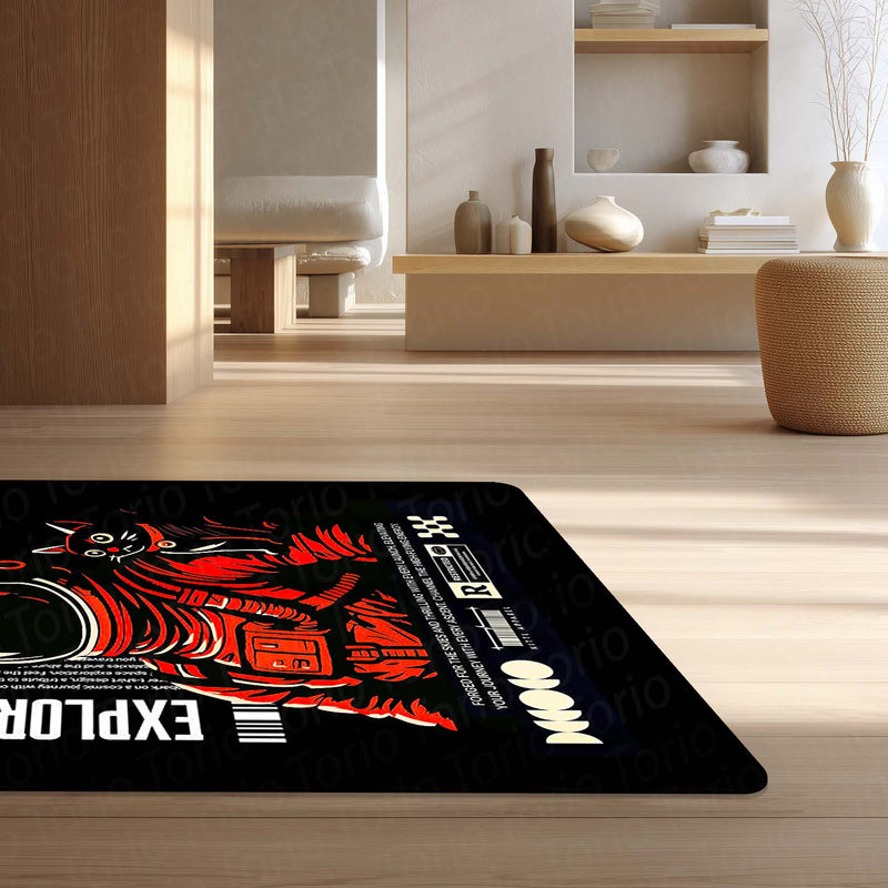 Astronaut & Space Cat Area Flat Rug | Retro Space Explorer Gaming Room Rug | Cosmic Sci-Fi Floor Decor