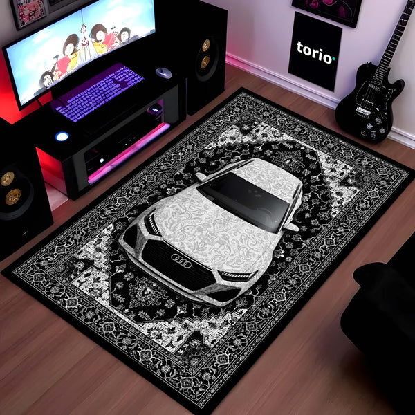 Audi Luxury Persian Wrap Area Rug | Premium Sports Car Floor Mat | Black & White Ornamental Automotive Rug for Bedroom, Gaming Room, Garage & Car Enthusiast Decor