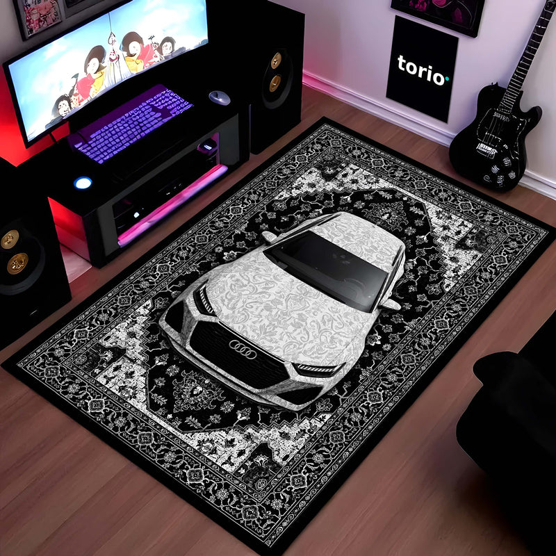 Audi Luxury Persian Wrap Area Rug | Premium Sports Car Floor Mat | Black & White Ornamental Automotive Rug for Bedroom, Gaming Room, Garage & Car Enthusiast Decor