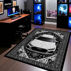 Audi Luxury Persian Wrap Area Rug | Premium Sports Car Floor Mat | Black & White Ornamental Automotive Rug for Bedroom, Gaming Room, Garage & Car Enthusiast Decor