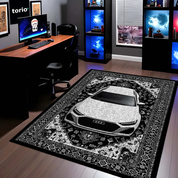 Audi Luxury Persian Wrap Area Rug | Premium Sports Car Floor Mat | Black & White Ornamental Automotive Rug for Bedroom, Gaming Room, Garage & Car Enthusiast Decor