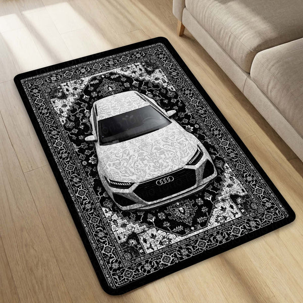 Audi Luxury Persian Wrap Area Rug | Premium Sports Car Floor Mat | Black & White Ornamental Automotive Rug for Bedroom, Gaming Room, Garage & Car Enthusiast Decor