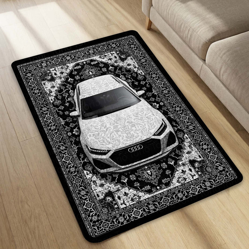 Audi Luxury Persian Wrap Area Rug | Premium Sports Car Floor Mat | Black & White Ornamental Automotive Rug for Bedroom, Gaming Room, Garage & Car Enthusiast Decor