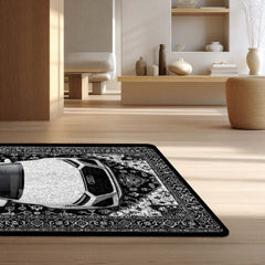 Audi Luxury Persian Wrap Area Rug | Premium Sports Car Floor Mat | Black & White Ornamental Automotive Rug for Bedroom, Gaming Room, Garage & Car Enthusiast Decor