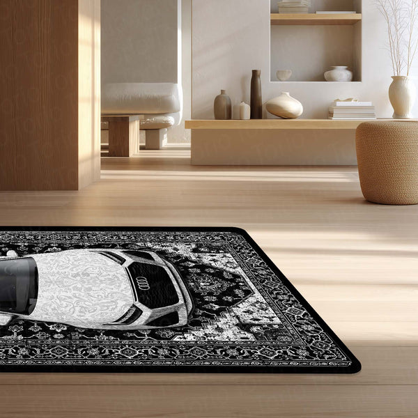 Audi Luxury Persian Wrap Area Rug | Premium Sports Car Floor Mat | Black & White Ornamental Automotive Rug for Bedroom, Gaming Room, Garage & Car Enthusiast Decor