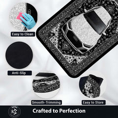 Audi Luxury Persian Wrap Area Rug | Premium Sports Car Floor Mat | Black & White Ornamental Automotive Rug for Bedroom, Gaming Room, Garage & Car Enthusiast Decor