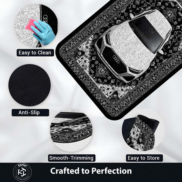 Audi Luxury Persian Wrap Area Rug | Premium Sports Car Floor Mat | Black & White Ornamental Automotive Rug for Bedroom, Gaming Room, Garage & Car Enthusiast Decor